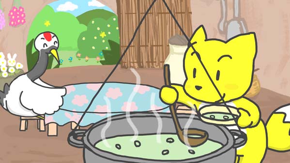 『キツネとツル』(イソップ童話) 02 福娘童話集 イラスト : myi