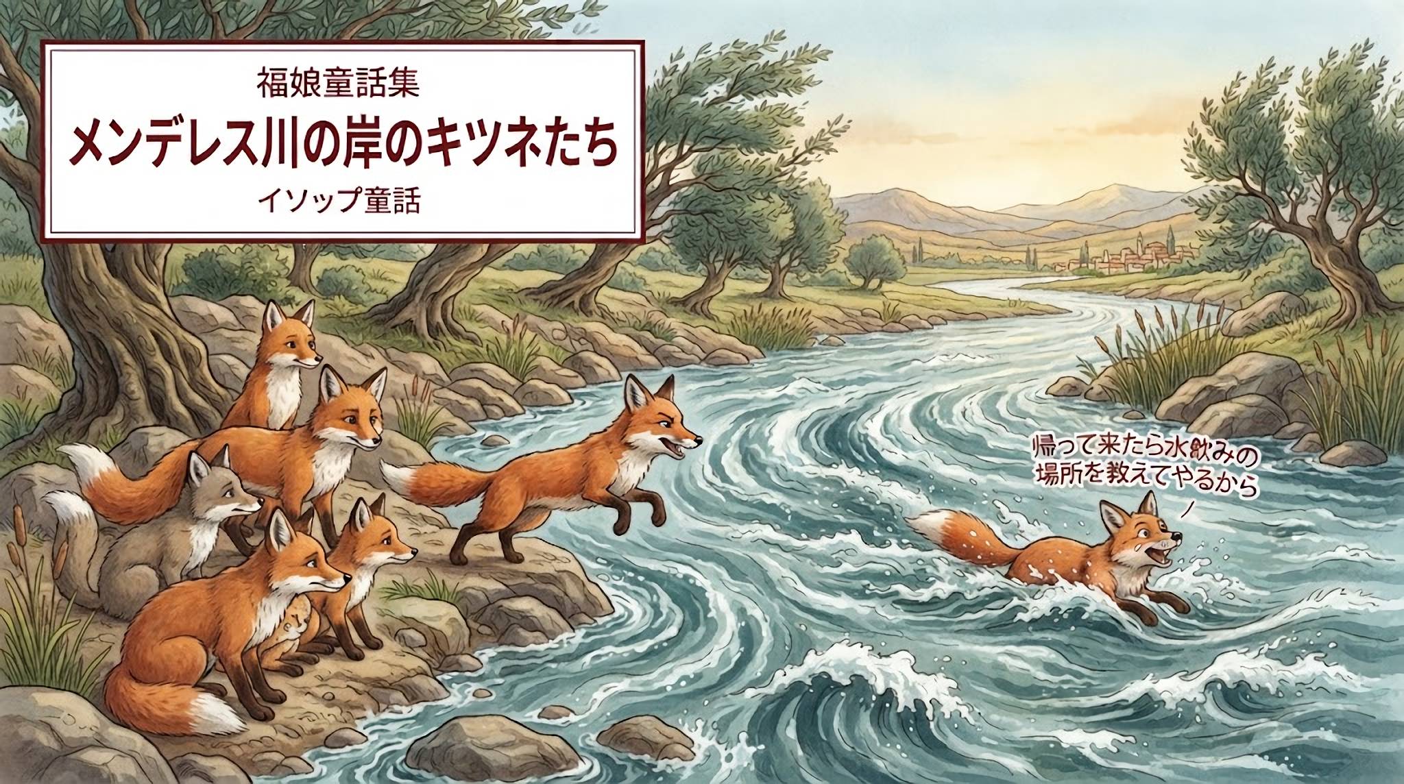 メンデレス川の岸のキツネたち