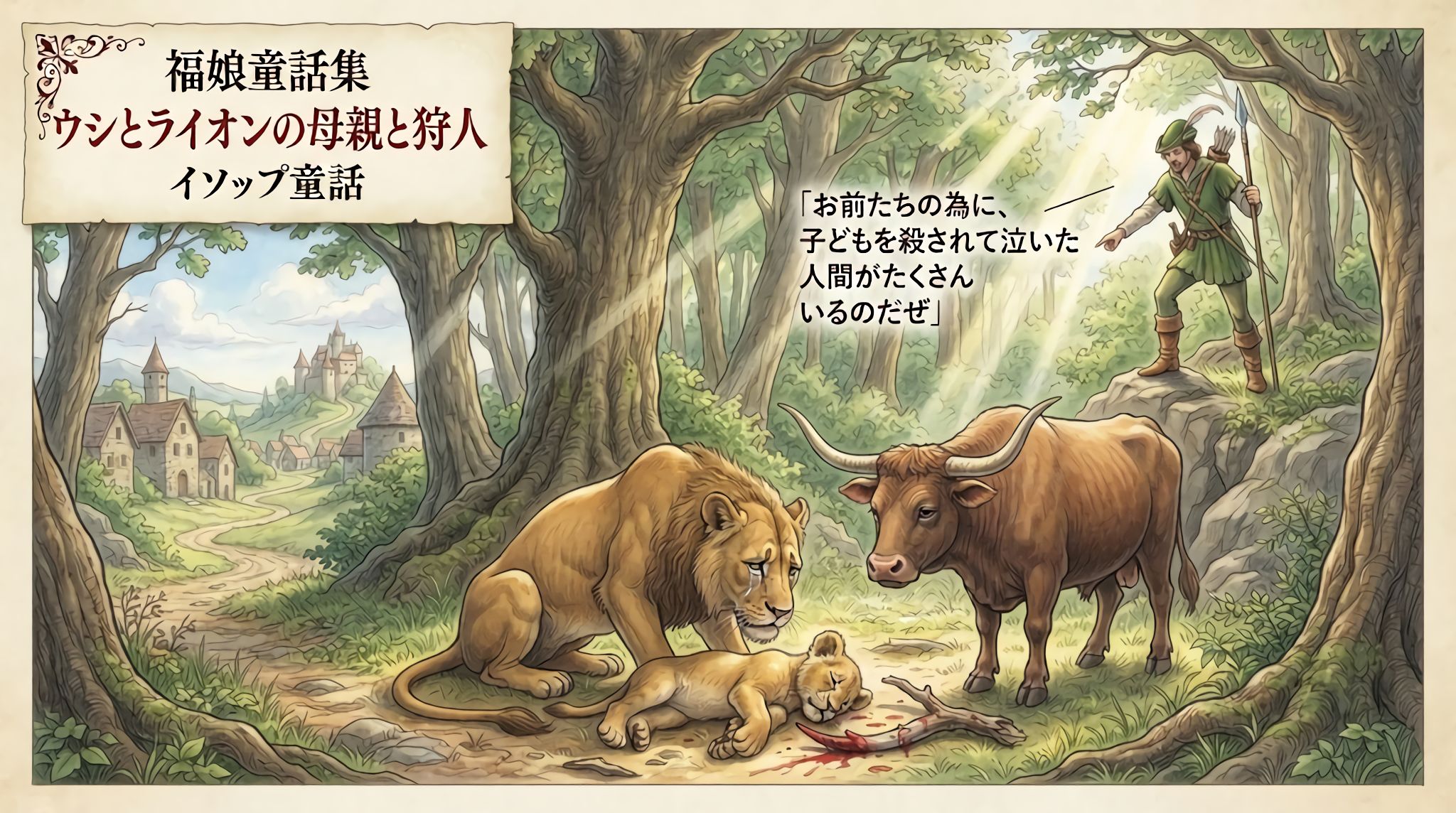 ウシとライオンの母親と狩人
