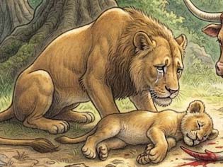 ウシとライオンの母親と狩人