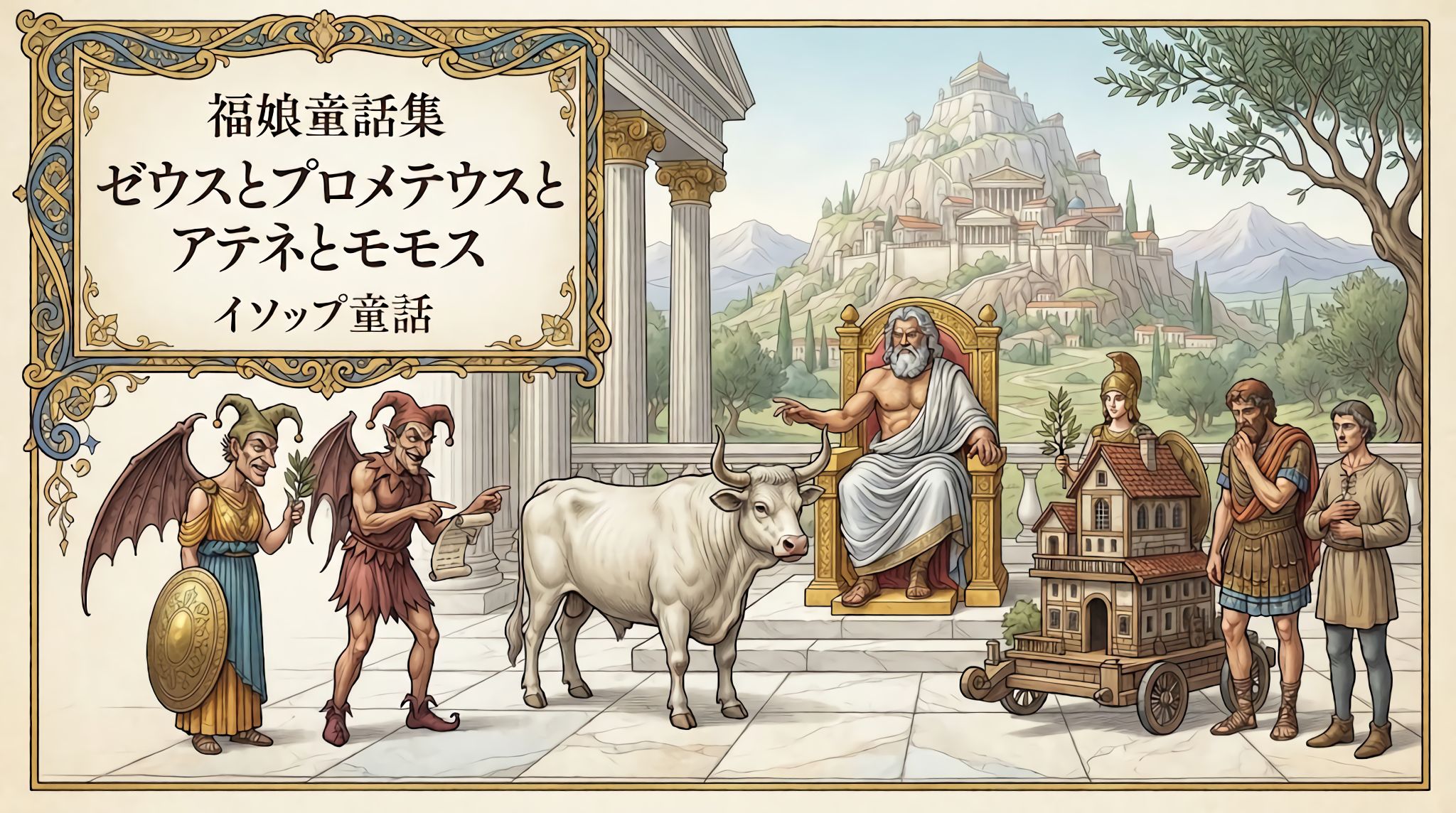 ゼウスとプロメテウスとアテネとモモス